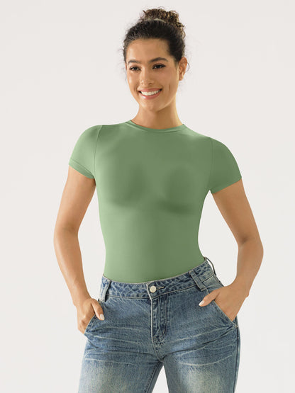 Seamless Bodysuit Smooth Soft Fabric Crew Neck Short Sleeve