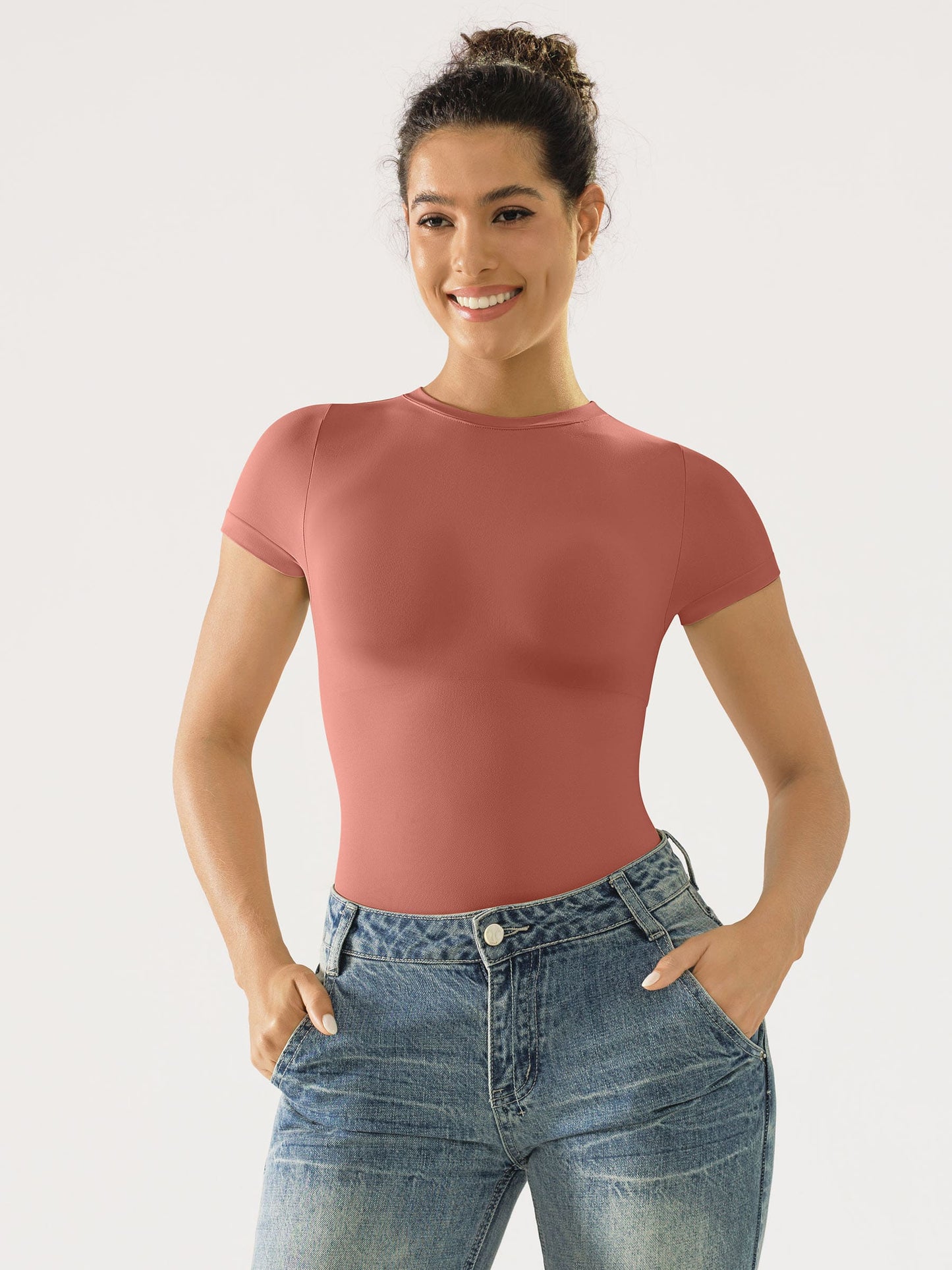 Seamless Bodysuit Smooth Soft Fabric Crew Neck Short Sleeve