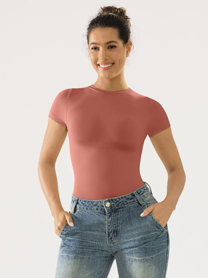 Seamless Bodysuit Smooth Soft Fabric Crew Neck Short Sleeve